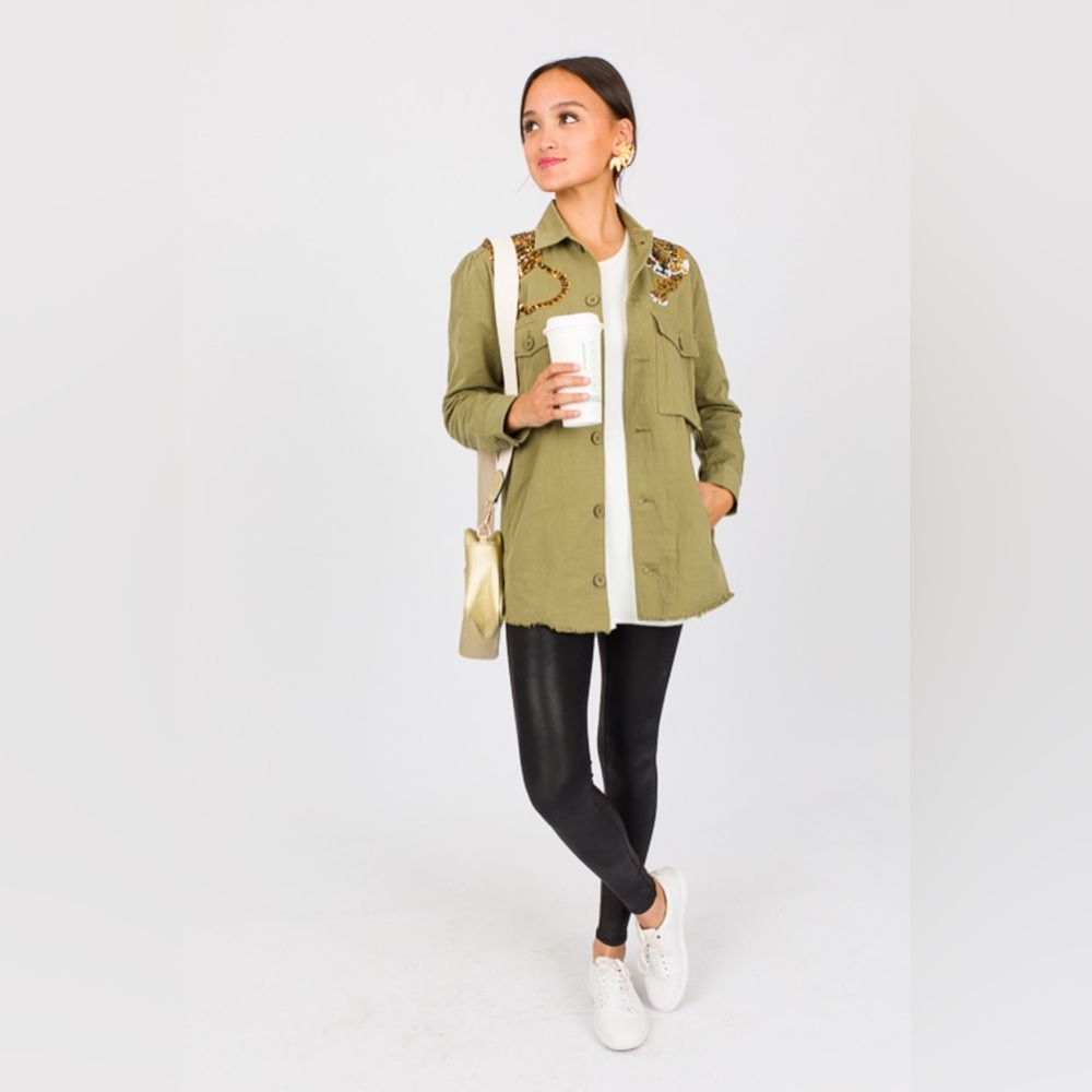 {SOLD} SEQUIN TIGER CARGO POCKET FRONT UTILITY JACKET - OLIVE - Picture 8 of 12